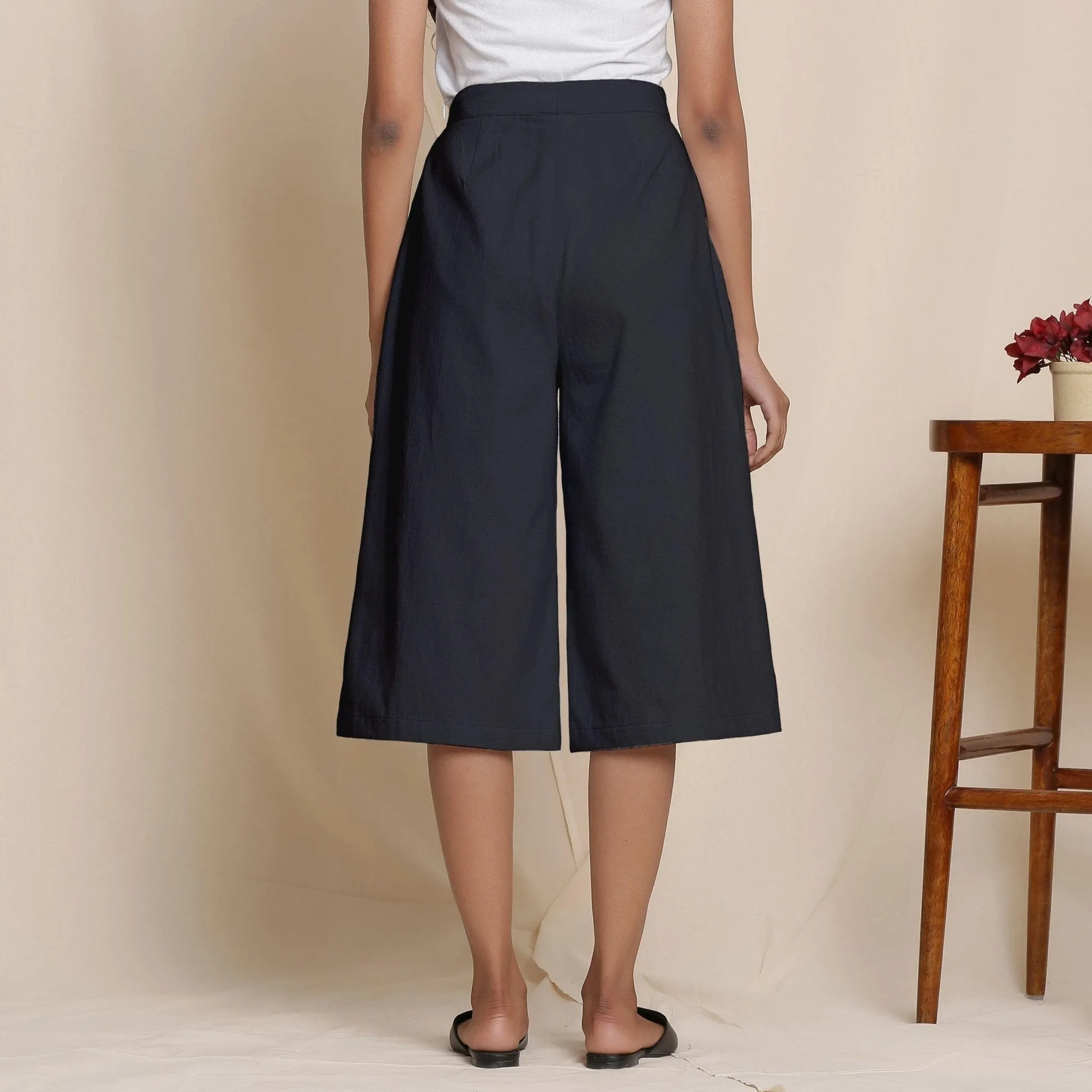 Solid Black Warm Cotton Flannel High-Rise Culottes