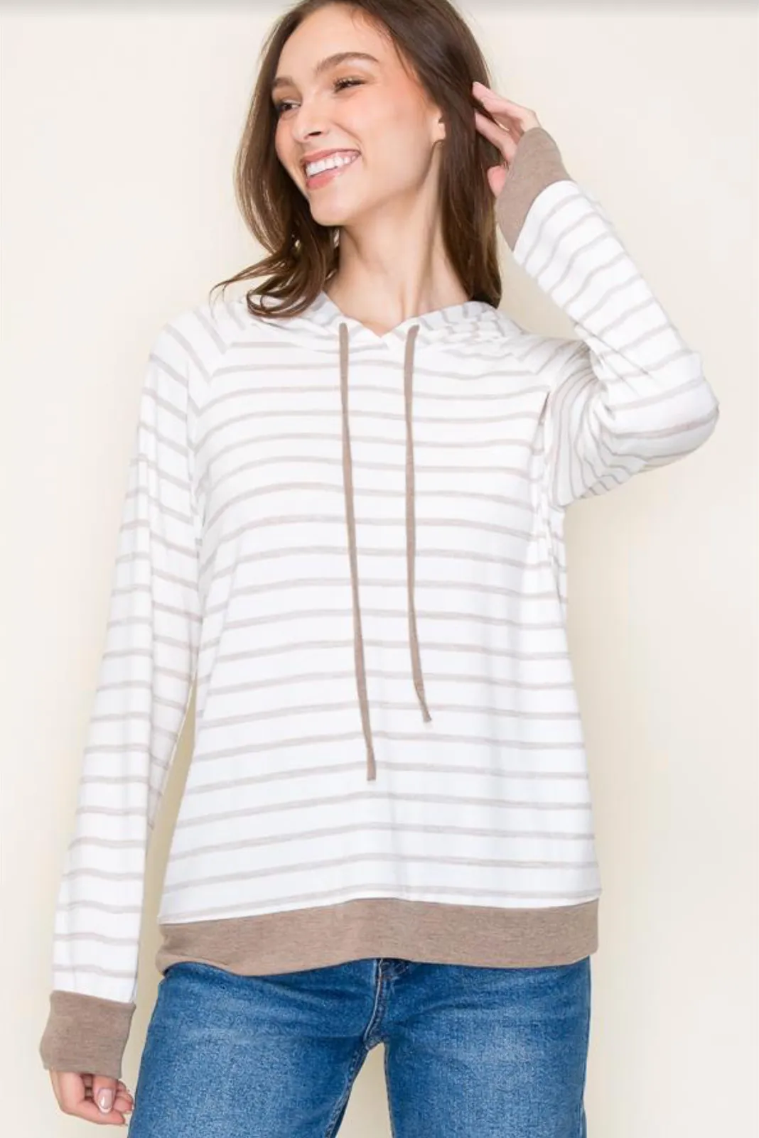 Taupe Striped Lightweight Knit Hoodie