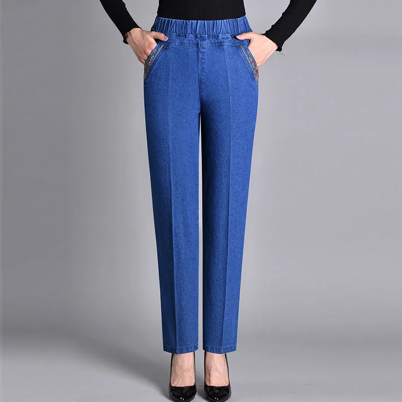 Thin Elastic High Waist Denim Straight-leg Trousers