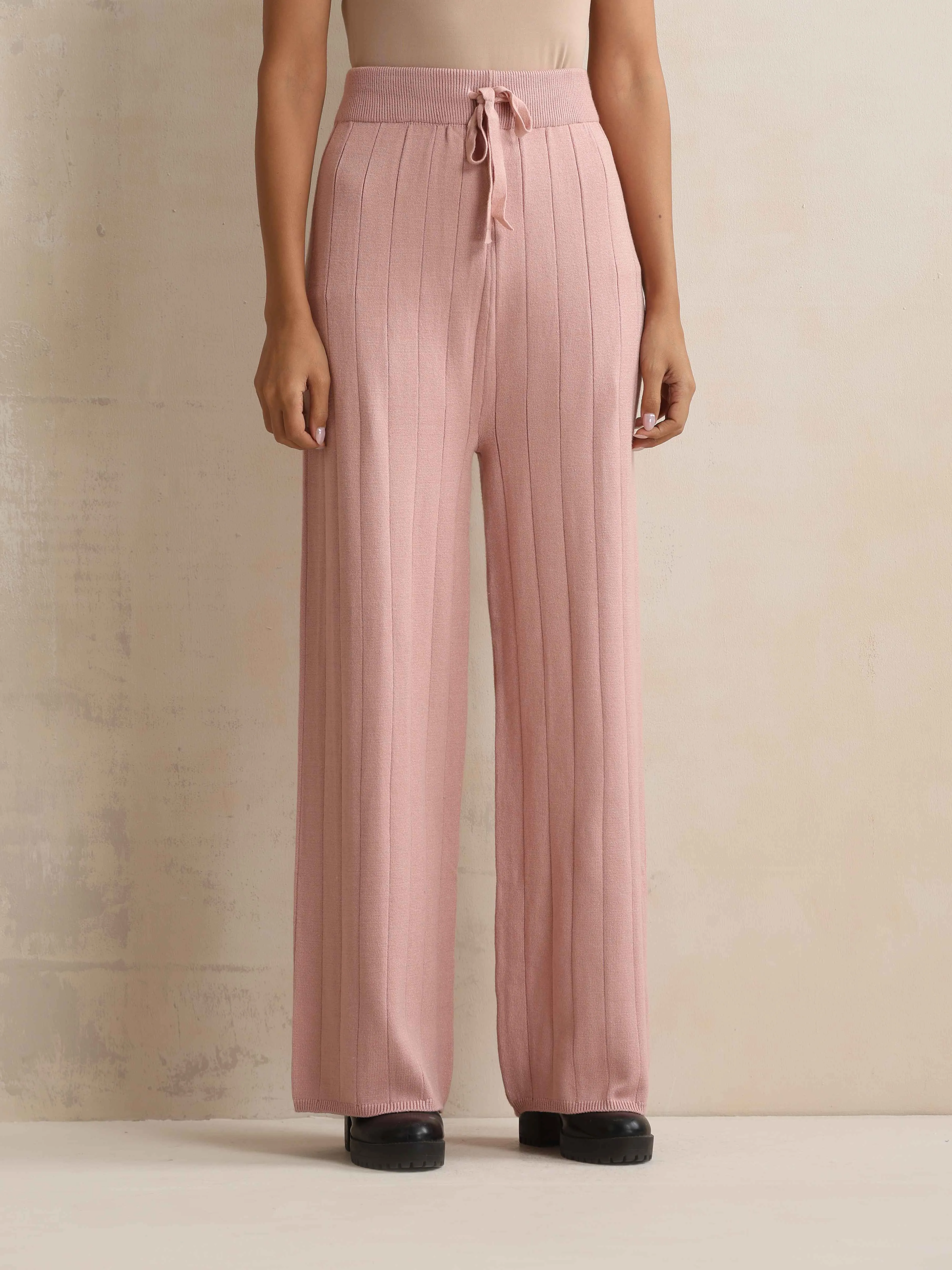 trueBrowns Pink Woollen Flared Pants