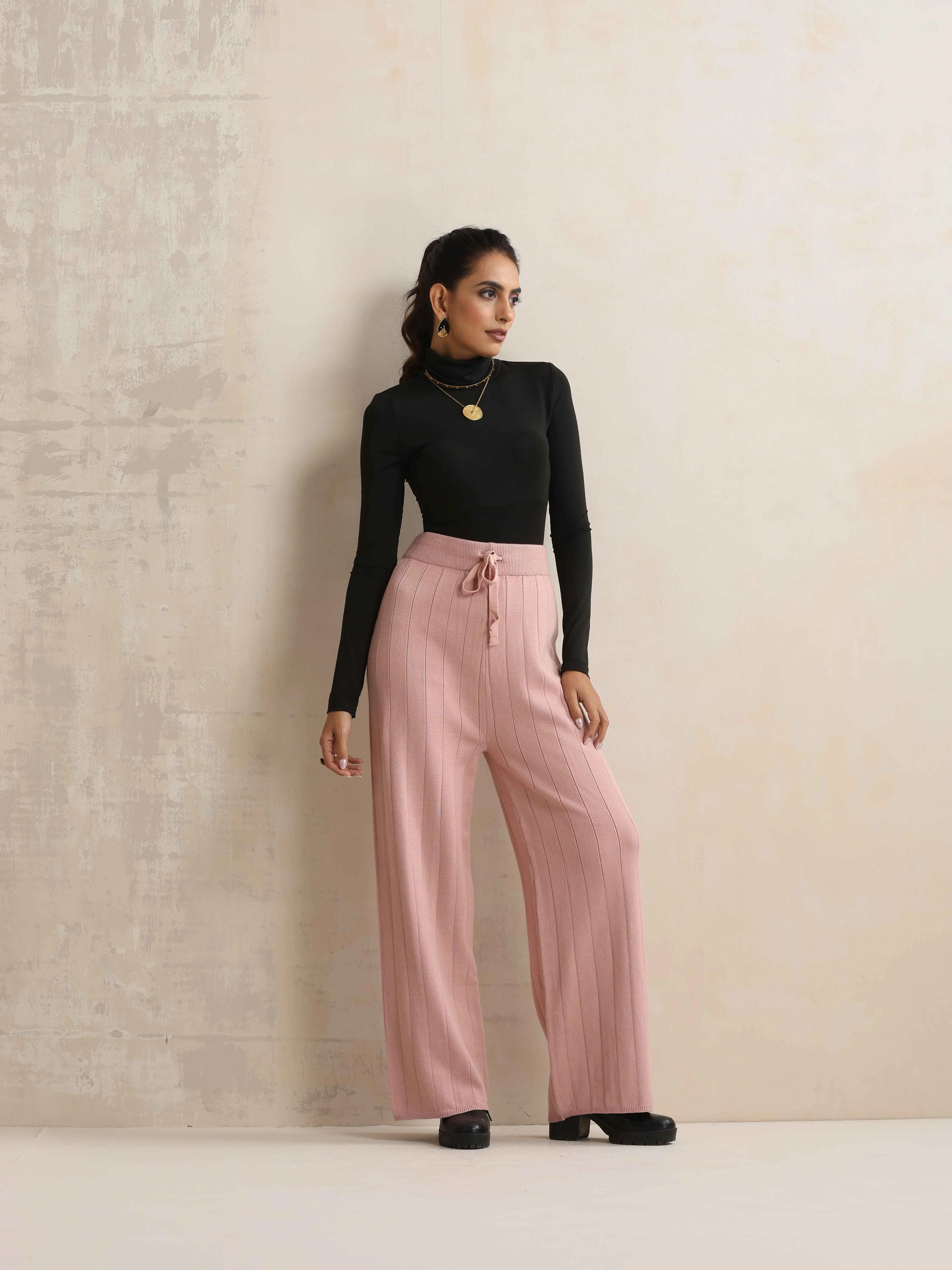 trueBrowns Pink Woollen Flared Pants