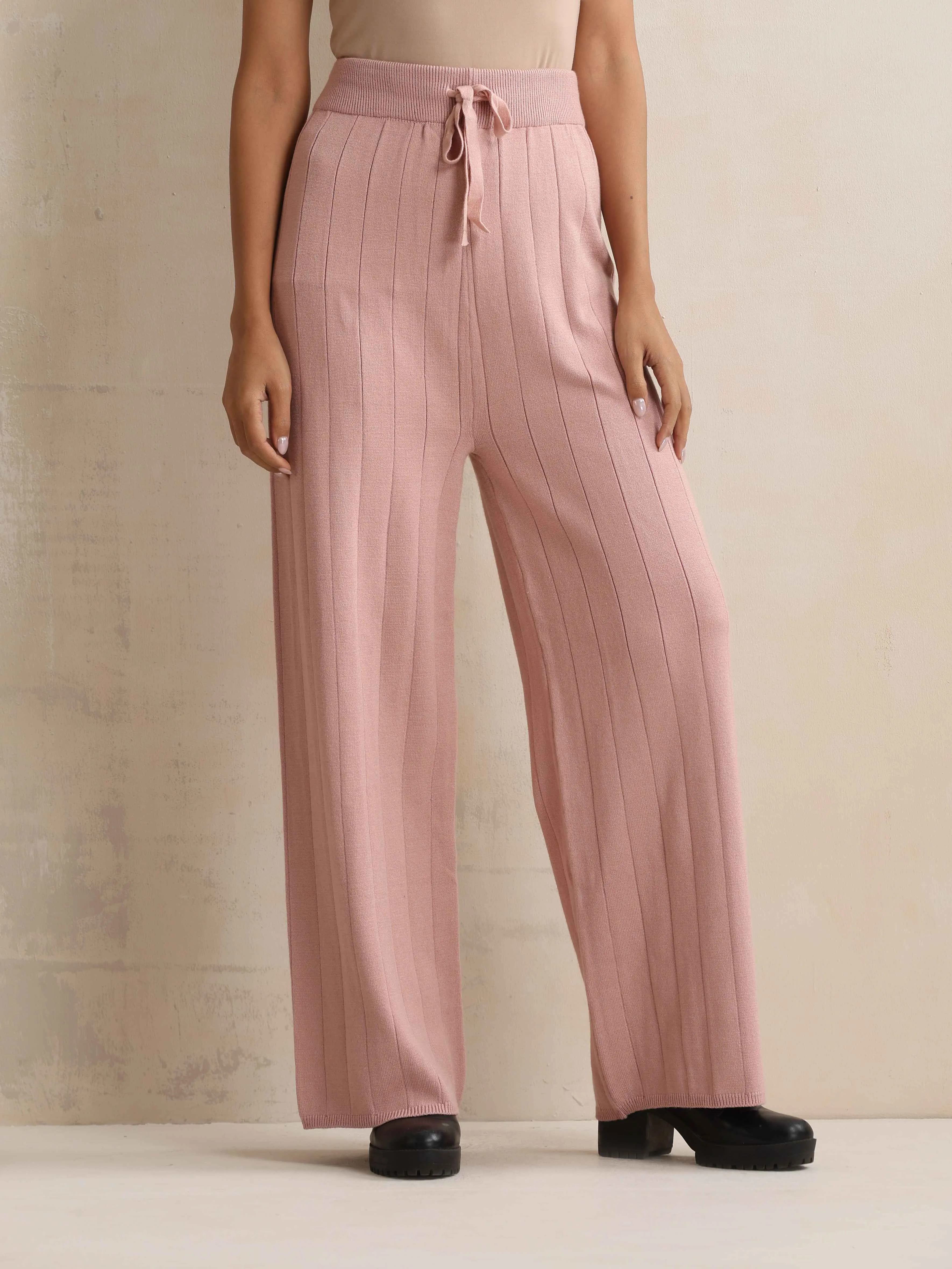 trueBrowns Pink Woollen Flared Pants