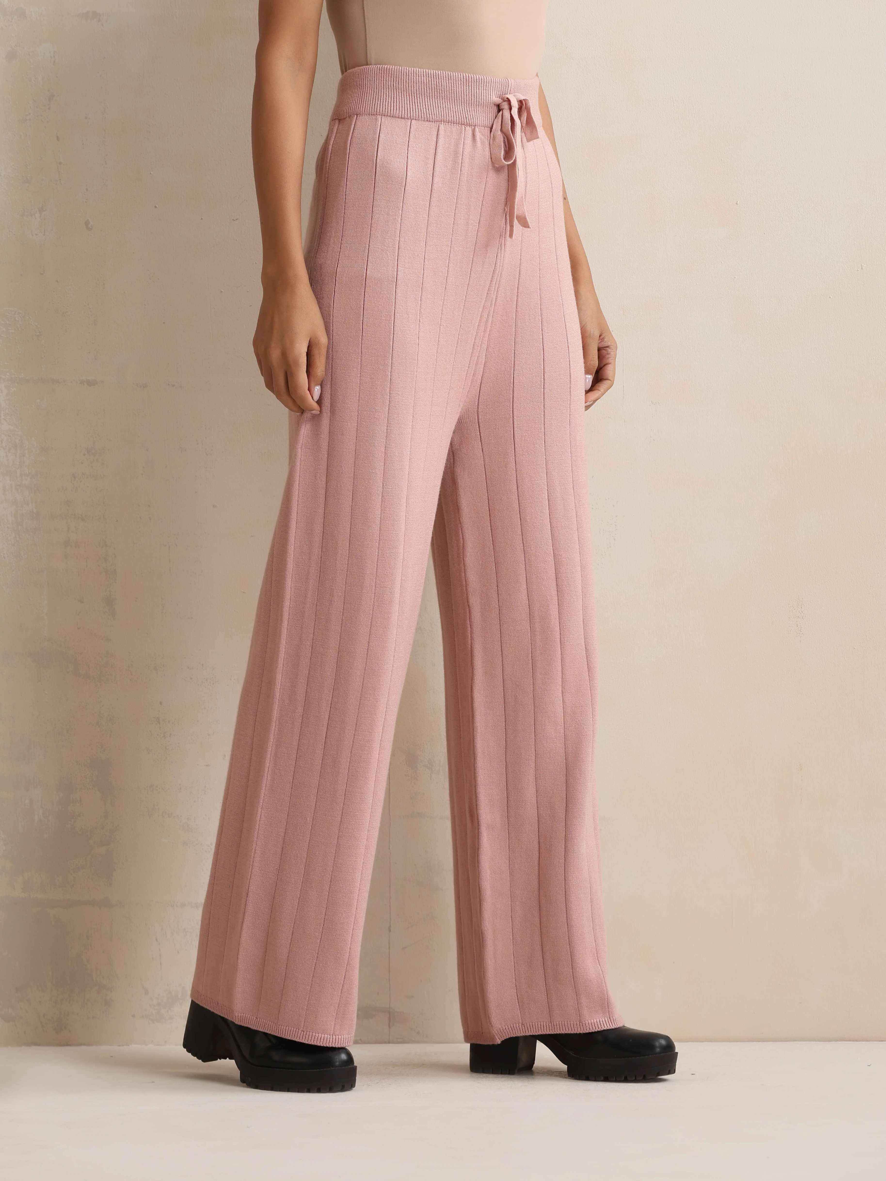 trueBrowns Pink Woollen Flared Pants