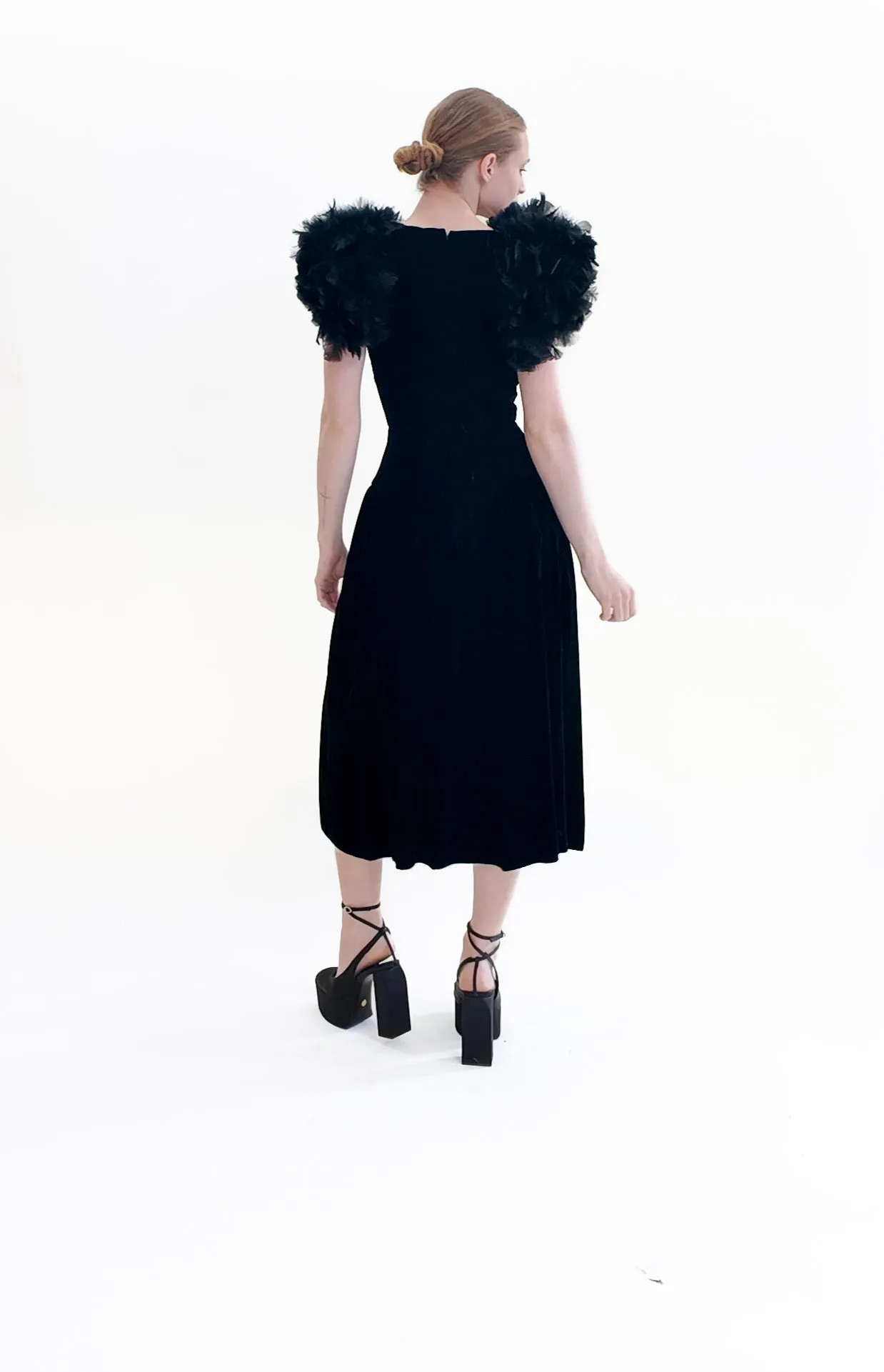 Vintage Black Velvet Dress with Feather Shoulders