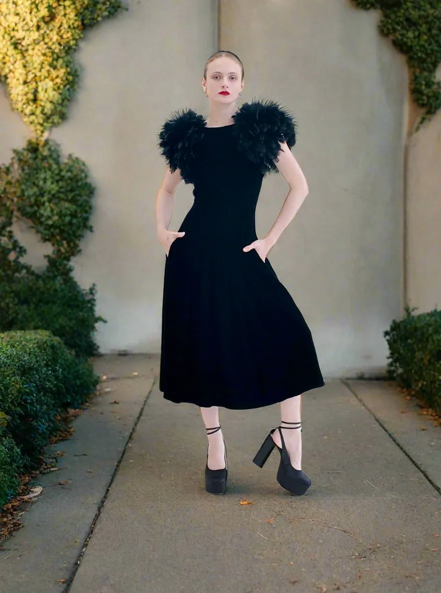 Vintage Black Velvet Dress with Feather Shoulders