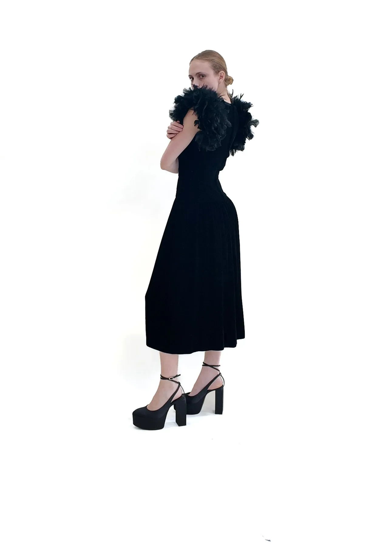 Vintage Black Velvet Dress with Feather Shoulders