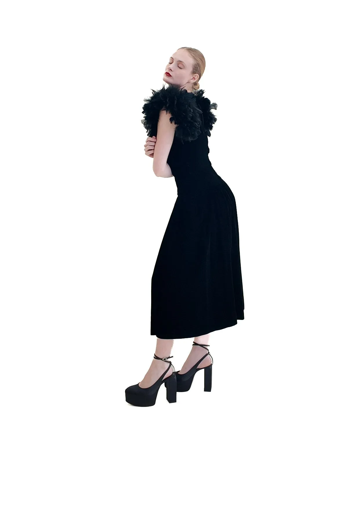 Vintage Black Velvet Dress with Feather Shoulders