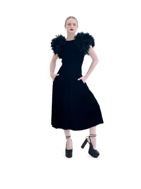 Vintage Black Velvet Dress with Feather Shoulders