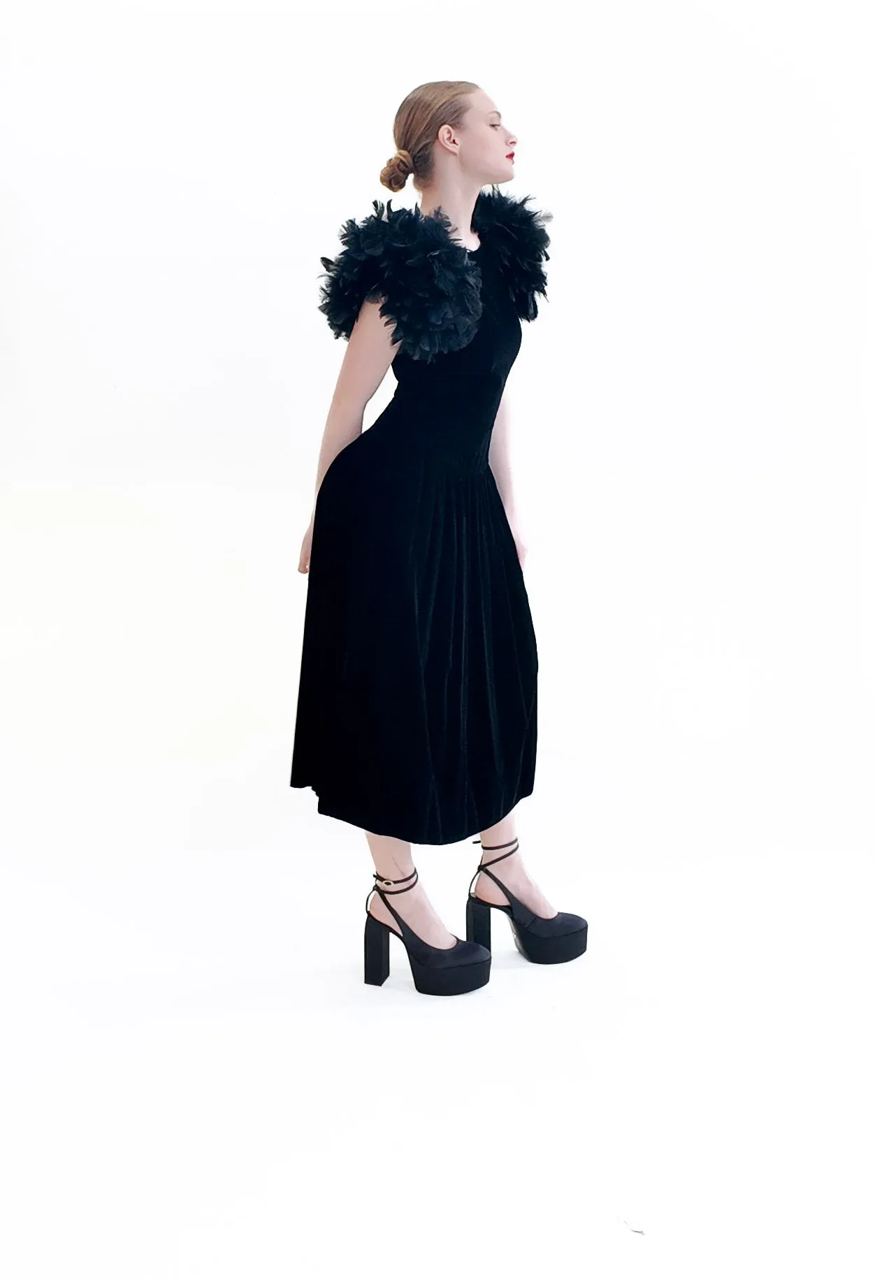 Vintage Black Velvet Dress with Feather Shoulders