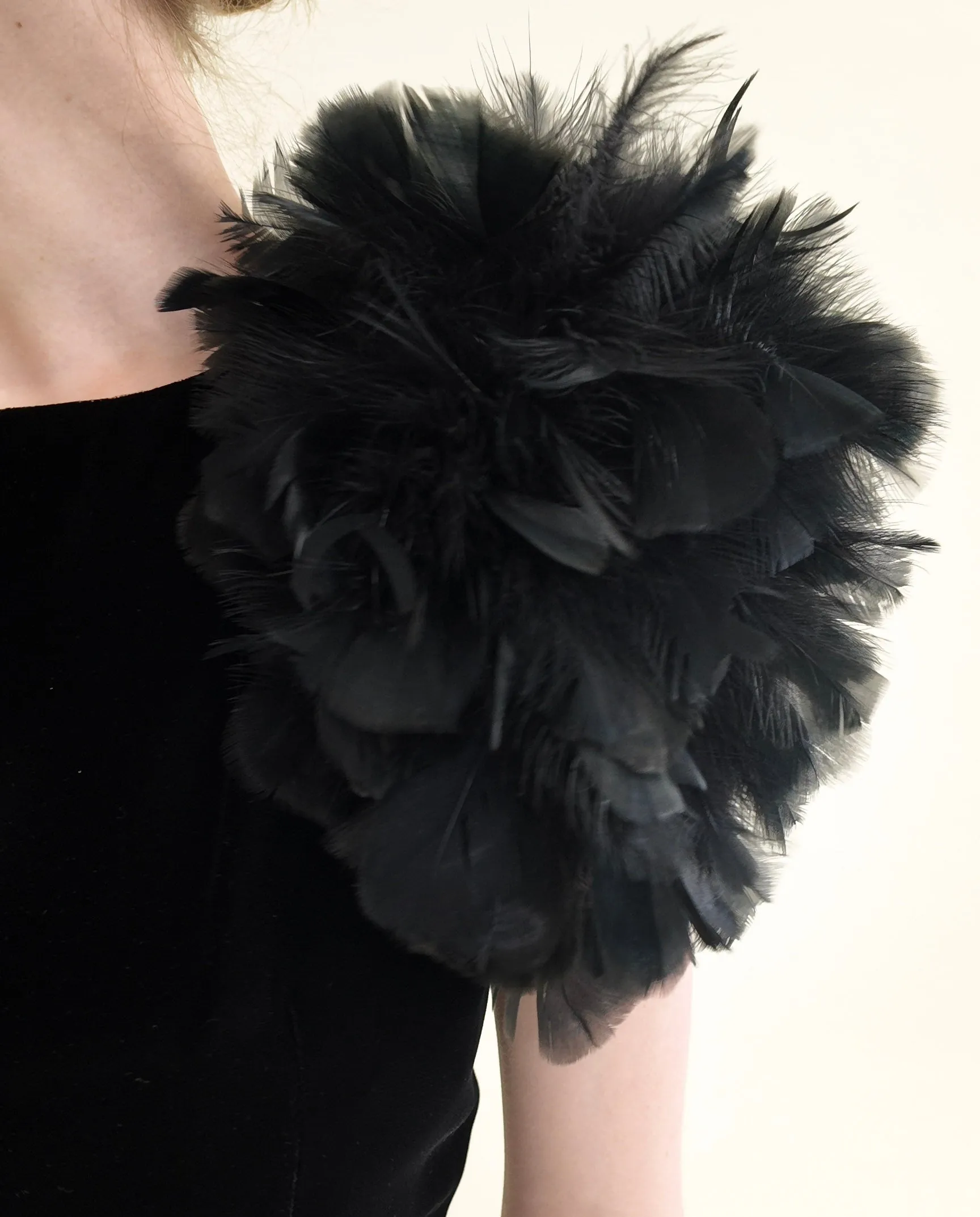 Vintage Black Velvet Dress with Feather Shoulders