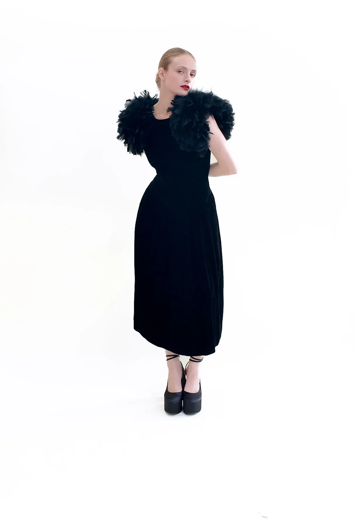 Vintage Black Velvet Dress with Feather Shoulders