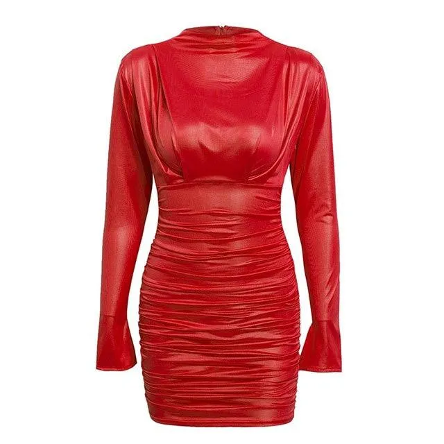 Vintage Ruched Bodycon Satin Mock Neck Mini Dress