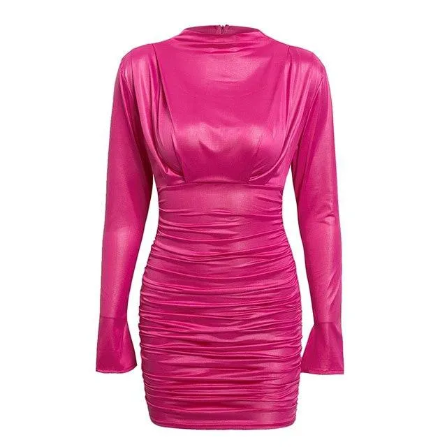 Vintage Ruched Bodycon Satin Mock Neck Mini Dress