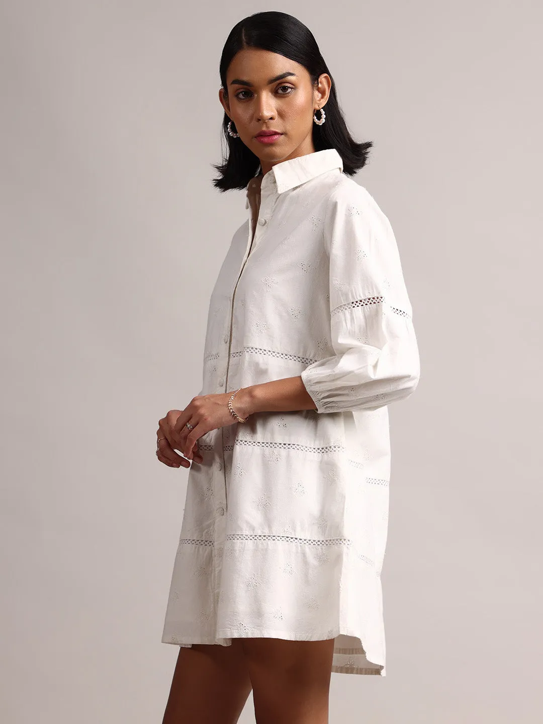 White Cotton Schiffli Embroidered Shirt Dress