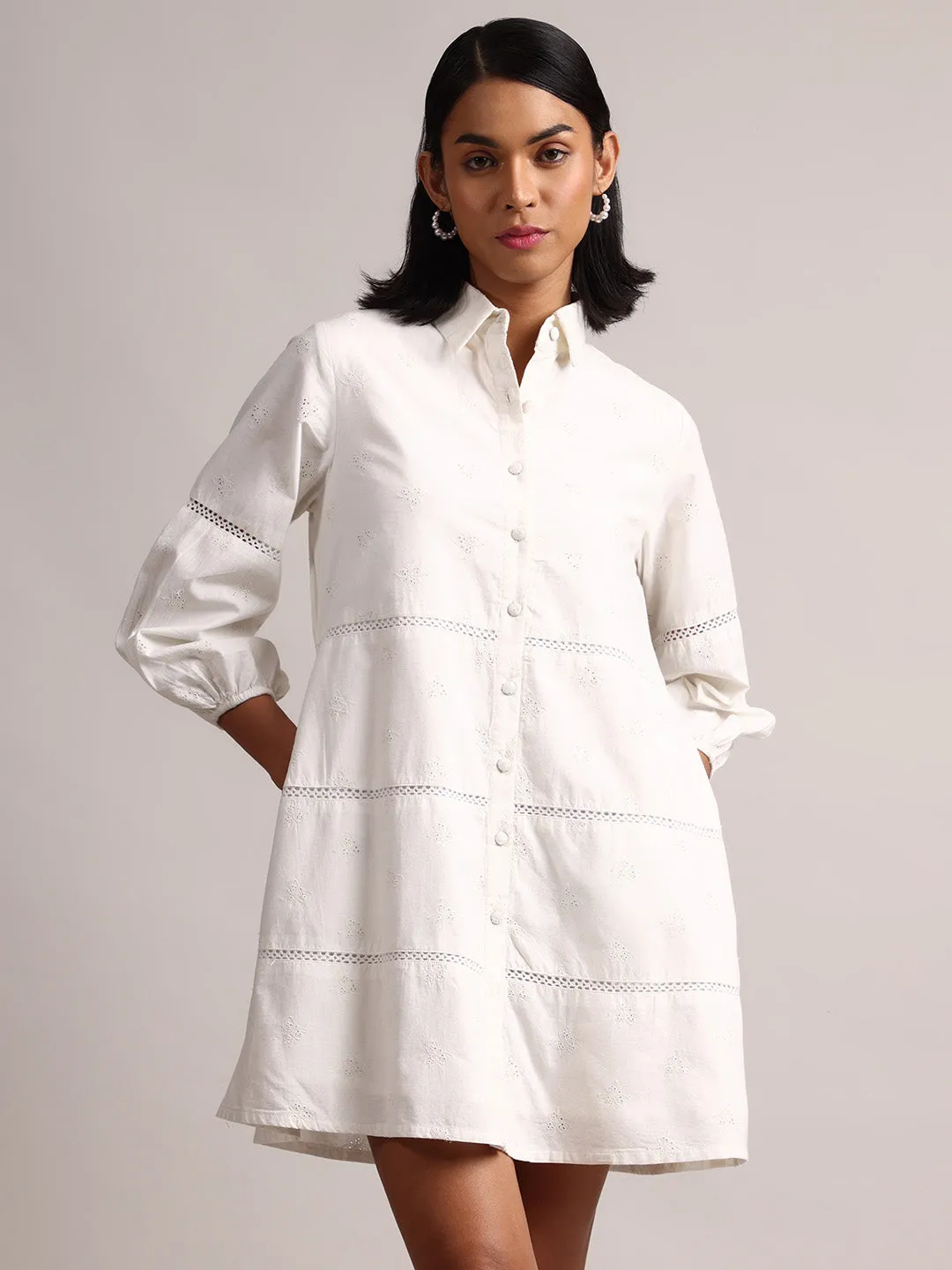 White Cotton Schiffli Embroidered Shirt Dress