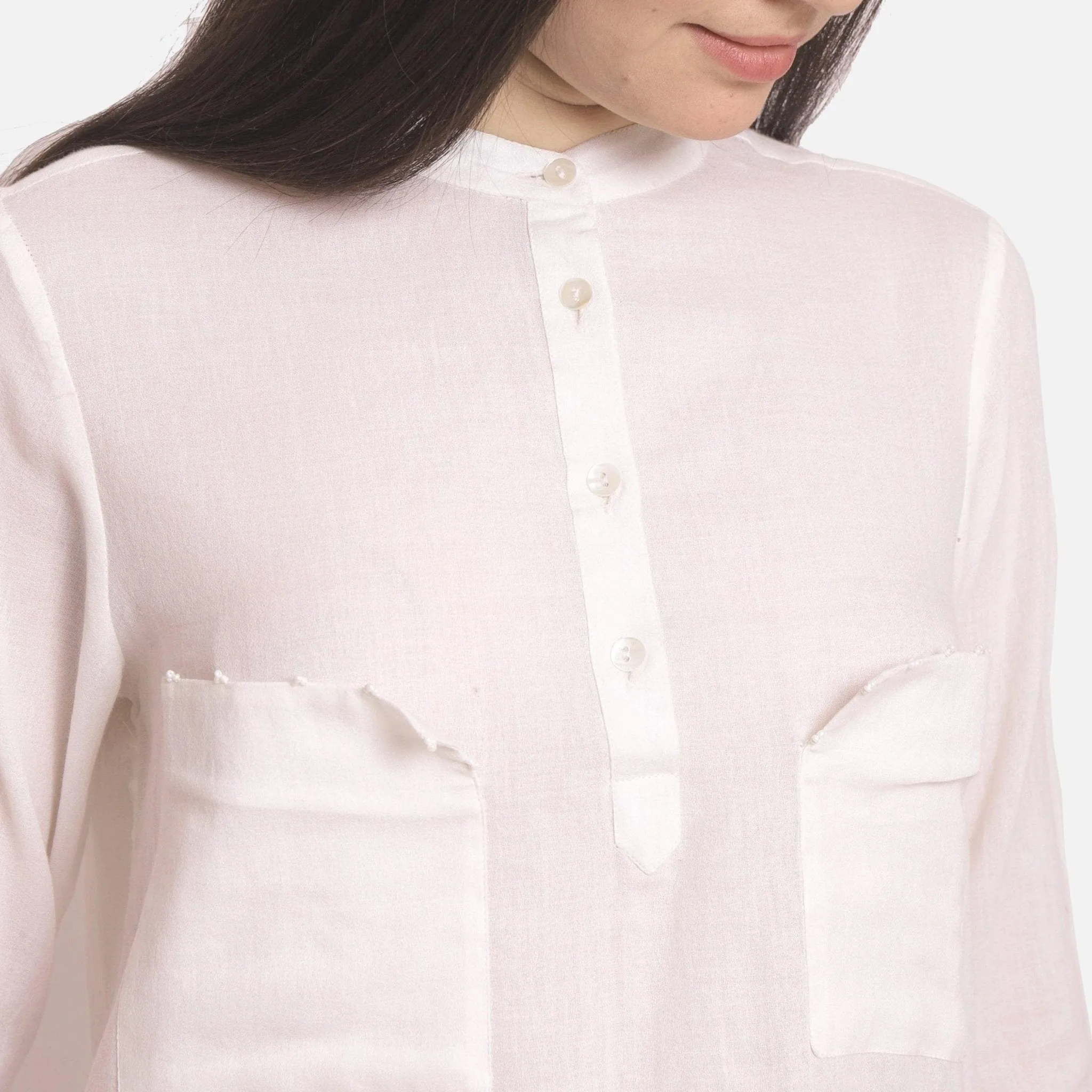 White Hand Beaded Mandarin Collar Cotton Shirt