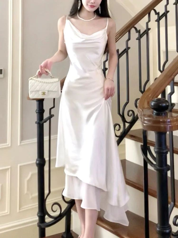 white satin dress long evening dress    S5949