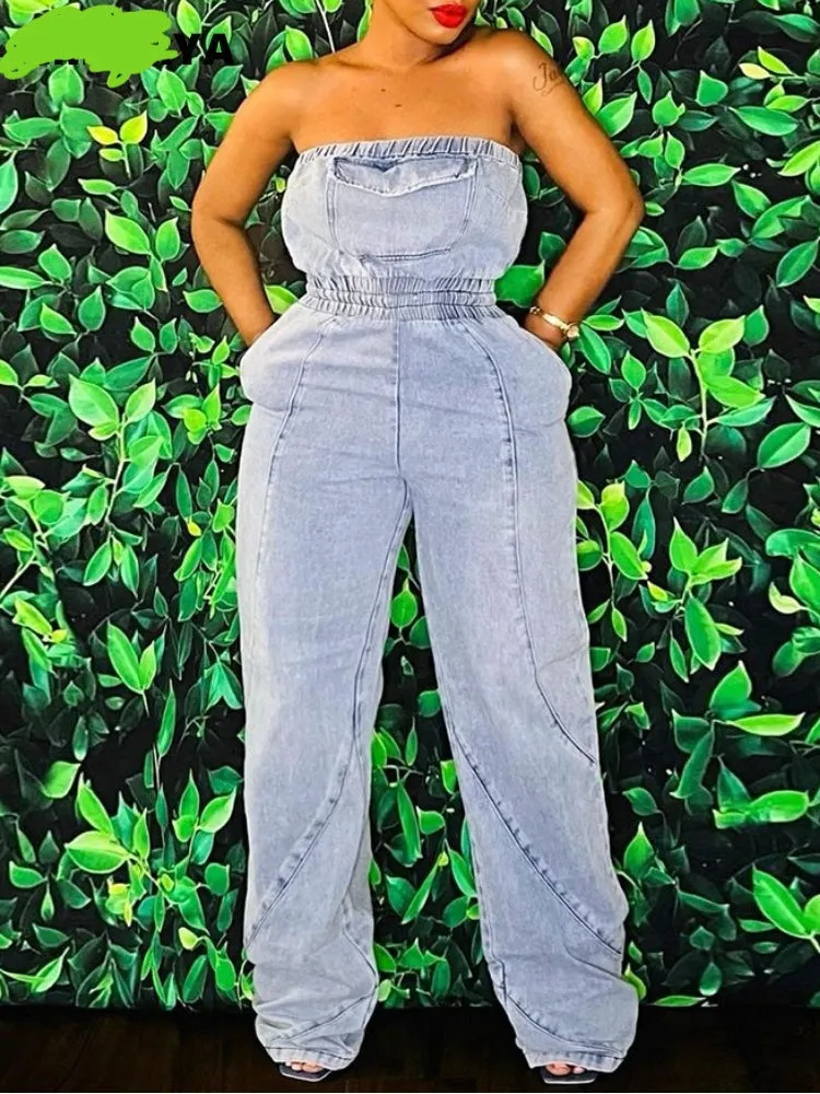 WIDE LEG DENIM  STRAPLESS SLEEVELESS JUMPSUIT