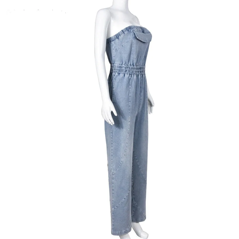 WIDE LEG DENIM  STRAPLESS SLEEVELESS JUMPSUIT