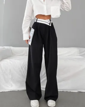 Women Black Contrast Casual High Waist Pants