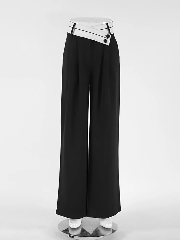 Women Black Contrast Casual High Waist Pants