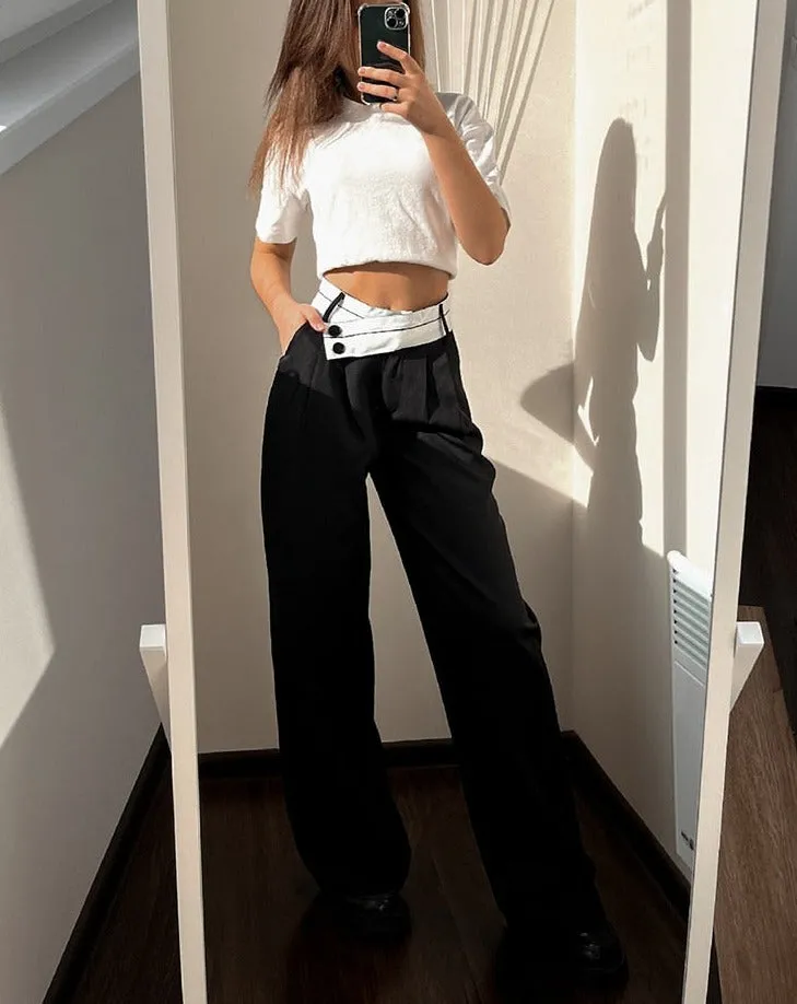 Women Black Contrast Casual High Waist Pants