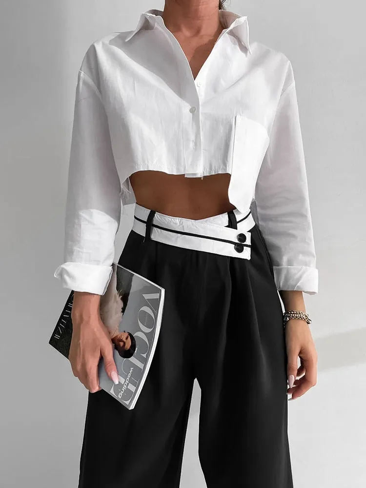 Women Black Contrast Casual High Waist Pants