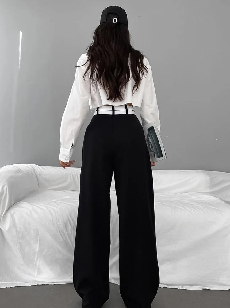 Women Black Contrast Casual High Waist Pants