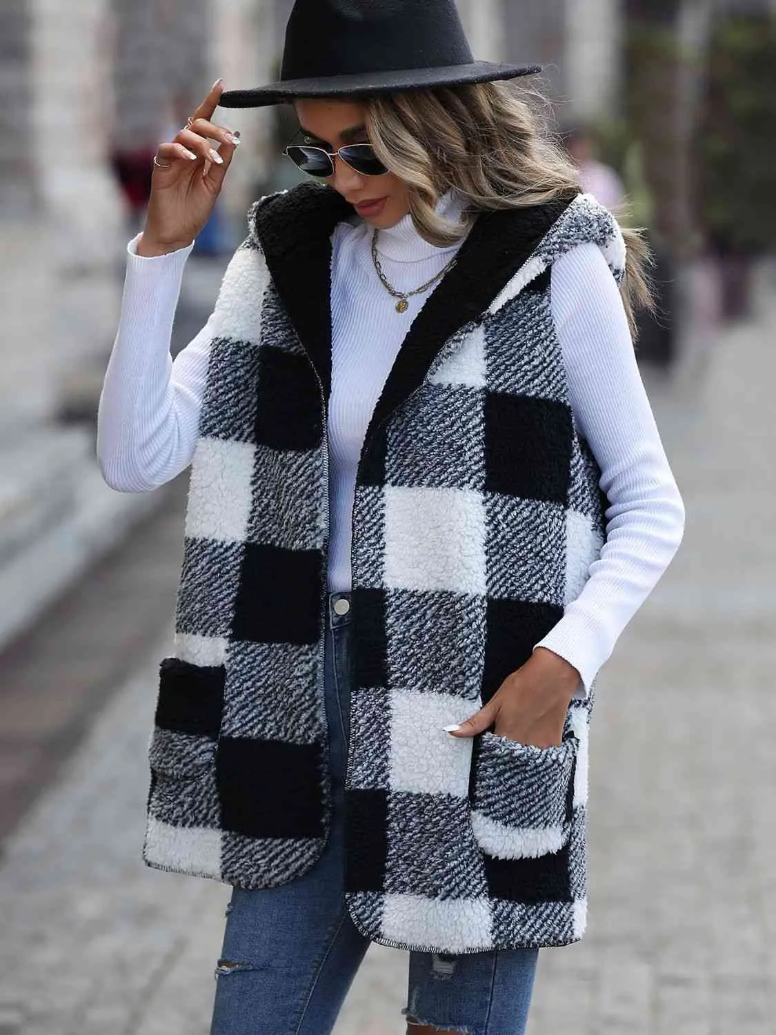 Women Plaid Hooded Vest with Pockets