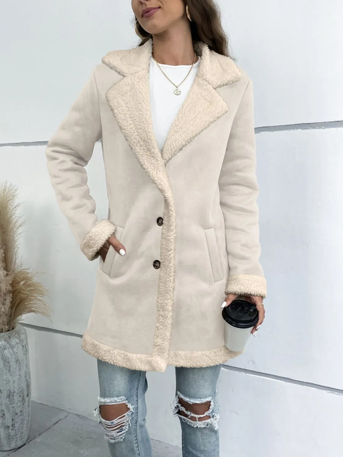 Womens Lapel Collar Teddy Lining Longline Coat (S-XL)