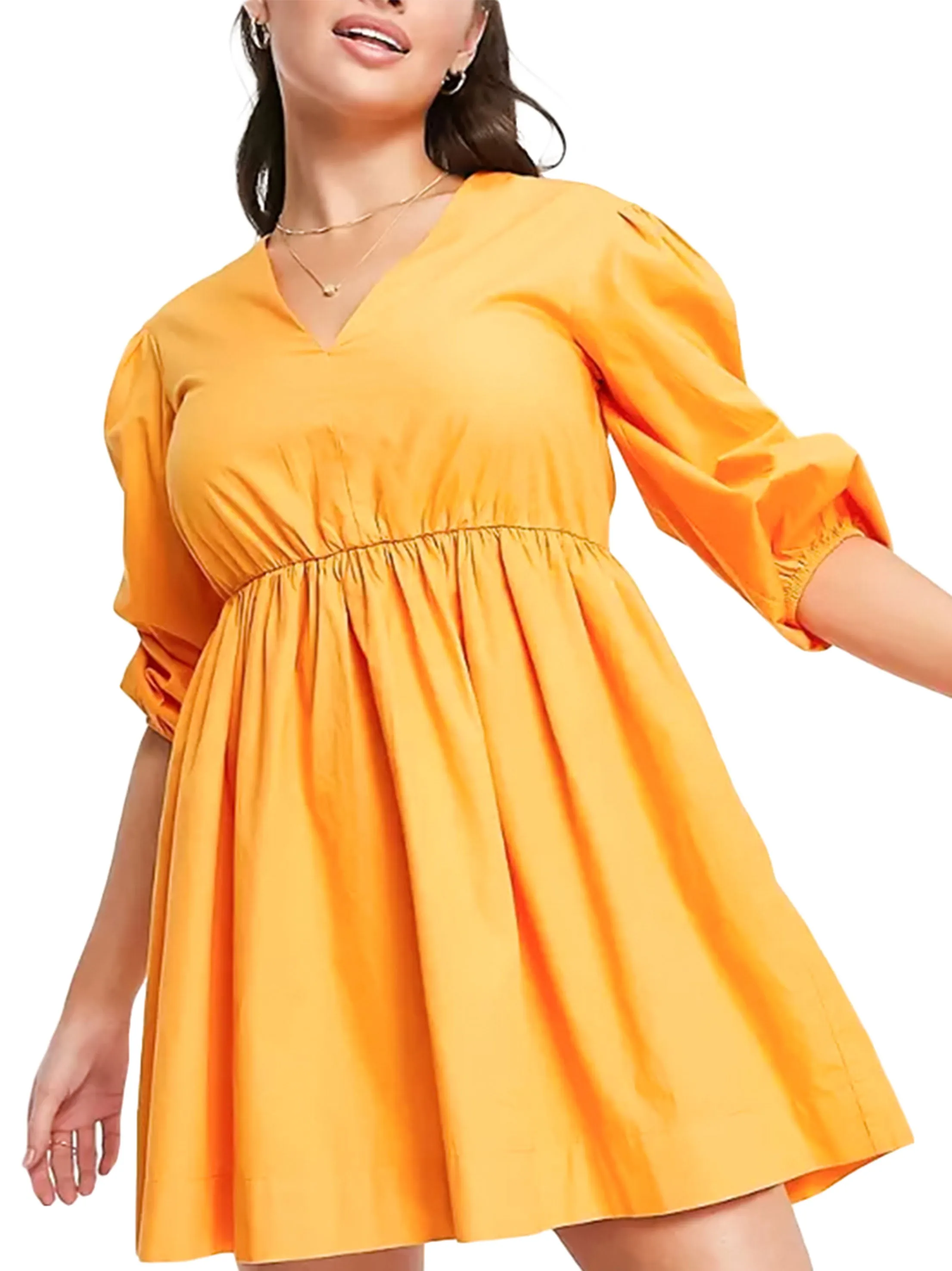 Women's V-Neck Elastic Waist Dress,Orange