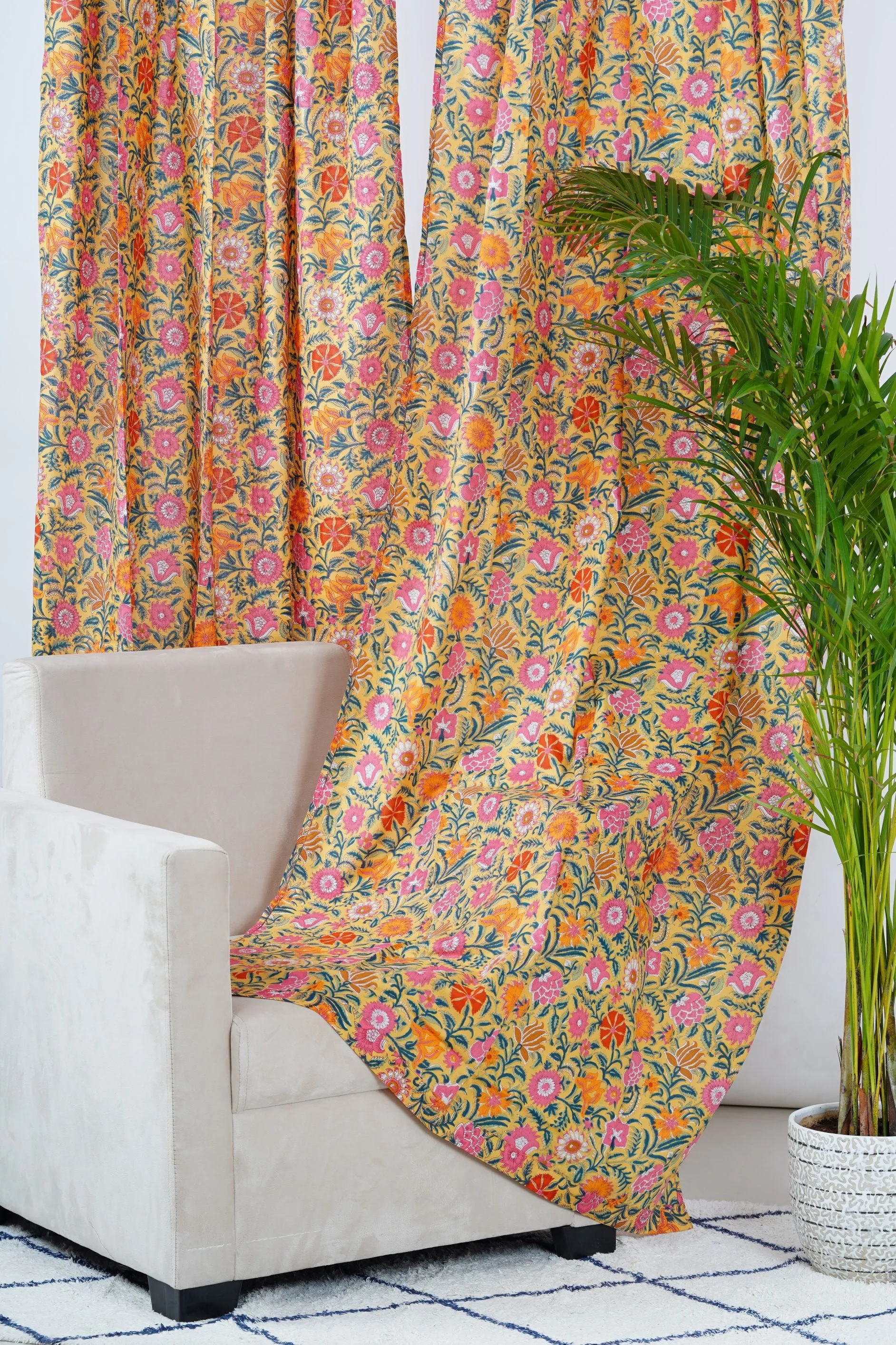 Yellow and Pink Floral Curtain Pair