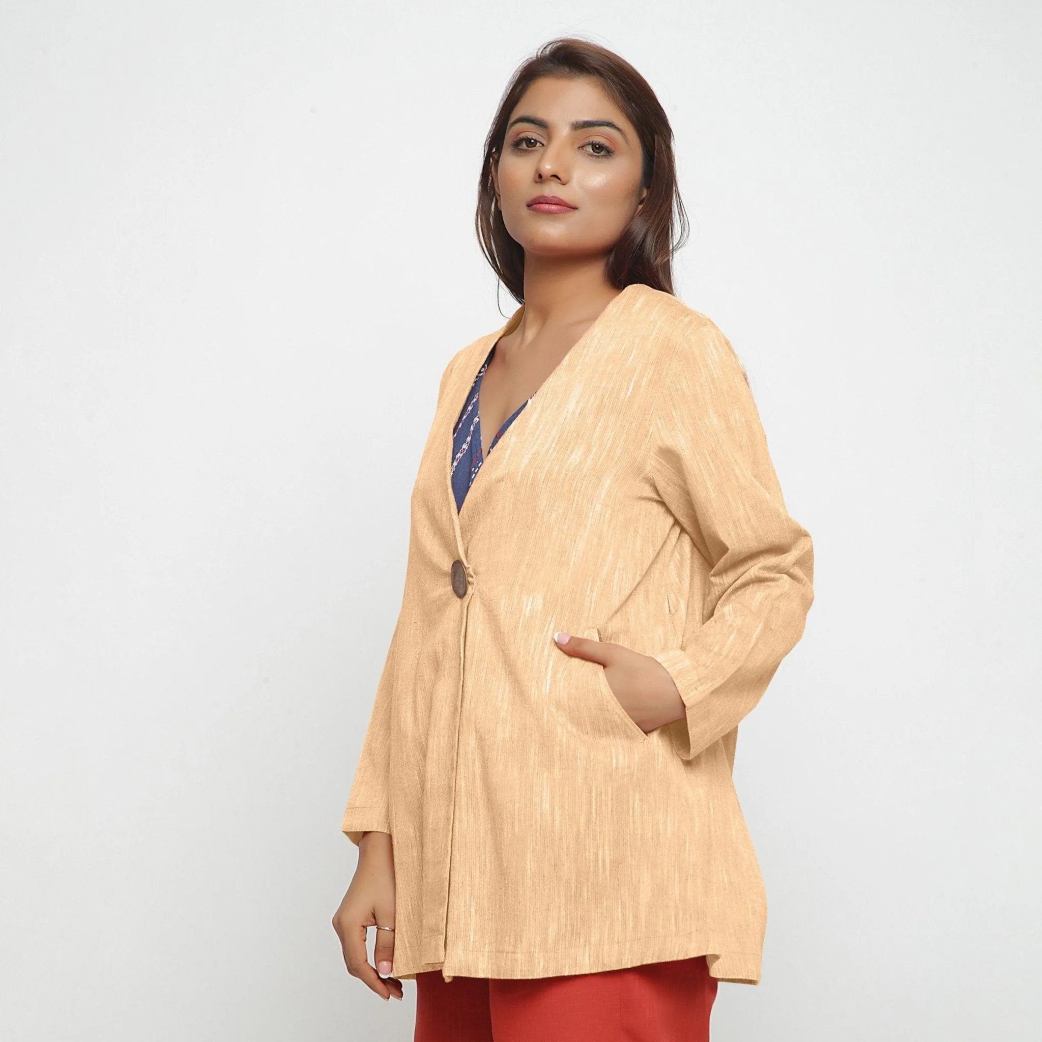 Yellow Yarn Dyed Cotton Flared V-Neck Jacket