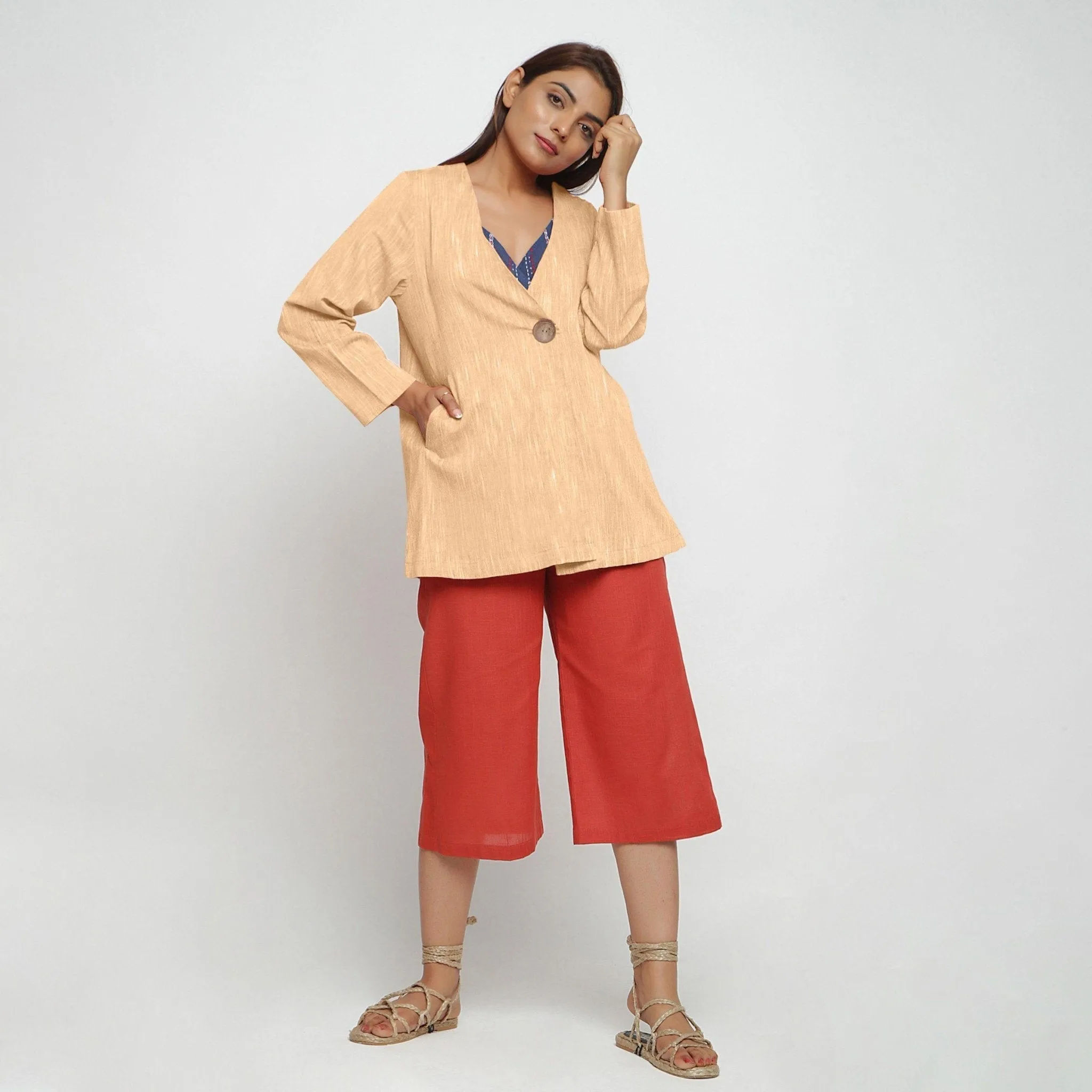 Yellow Yarn Dyed Cotton Flared V-Neck Jacket